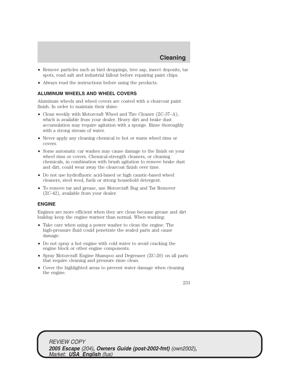 Cleaning | FORD 2005 Escape v.3 User Manual | Page 233 / 288