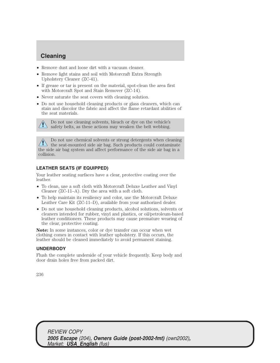 Cleaning | FORD 2005 Escape v.3 User Manual | Page 236 / 288