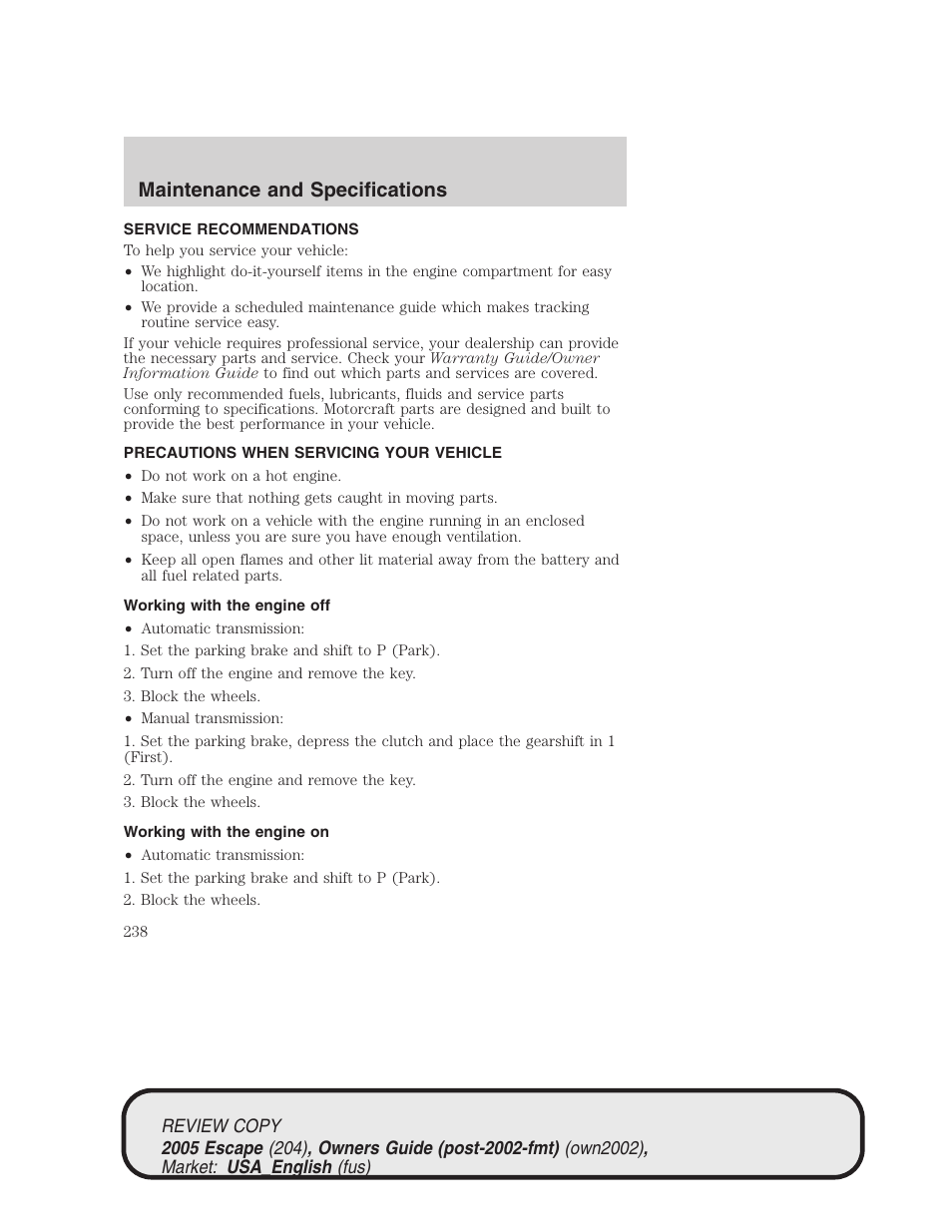 Maintenance and specifications | FORD 2005 Escape v.3 User Manual | Page 238 / 288