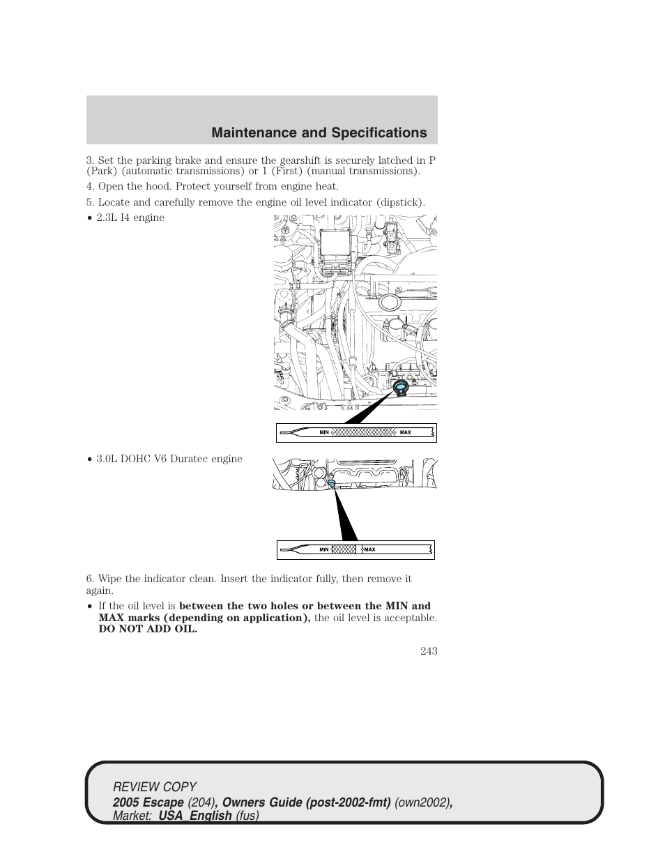 Maintenance and specifications | FORD 2005 Escape v.3 User Manual | Page 243 / 288