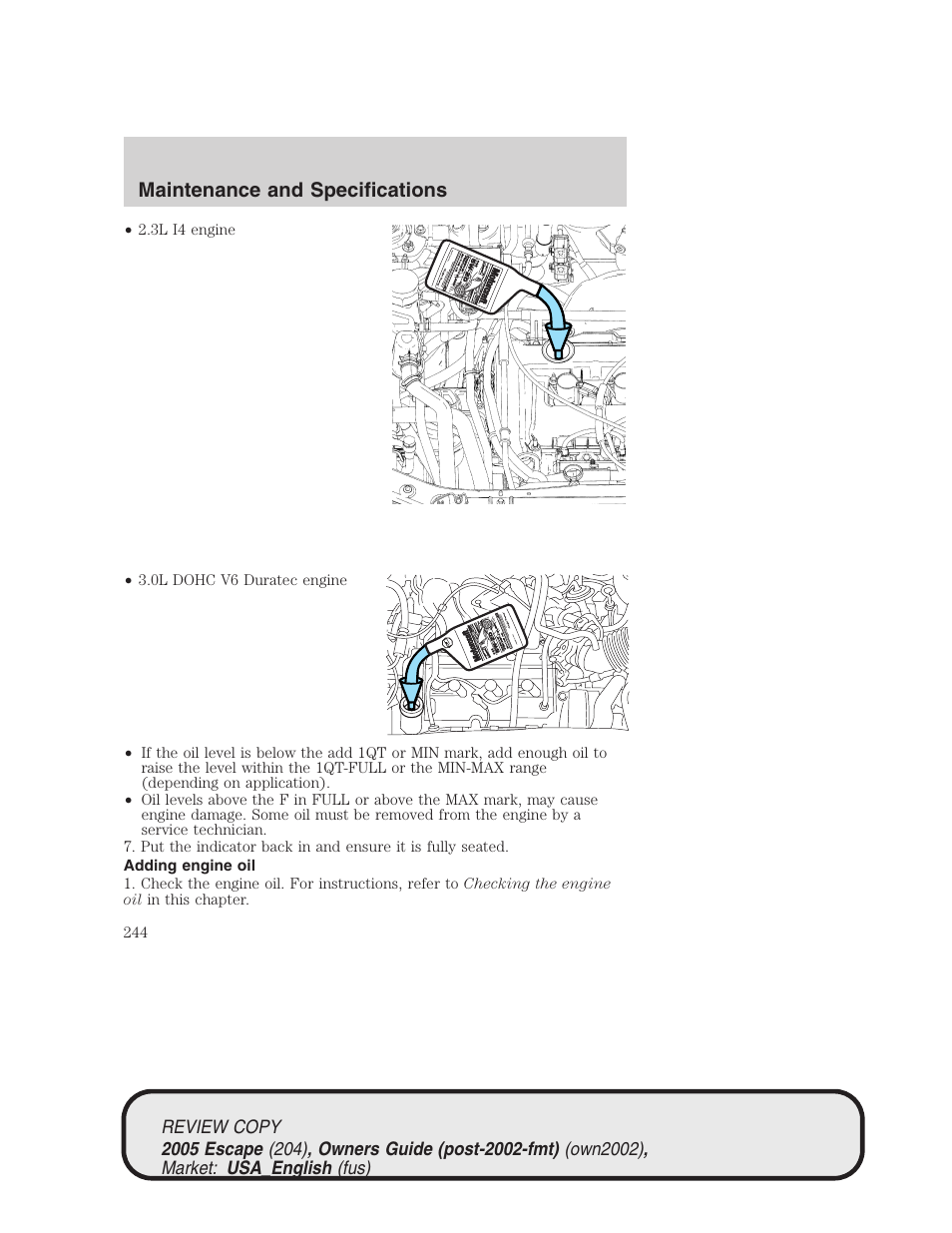 Maintenance and specifications | FORD 2005 Escape v.3 User Manual | Page 244 / 288