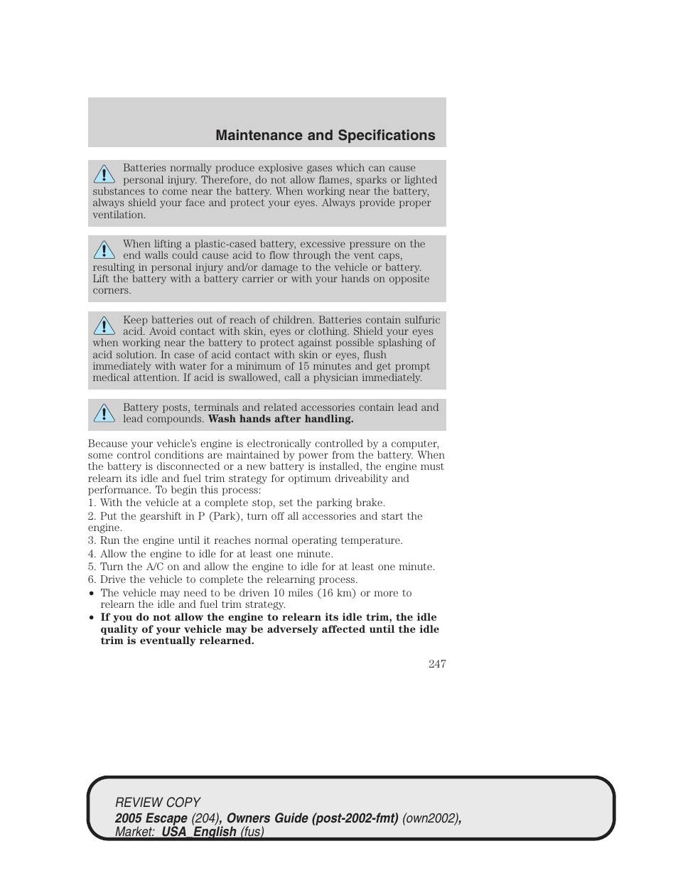 Maintenance and specifications | FORD 2005 Escape v.3 User Manual | Page 247 / 288