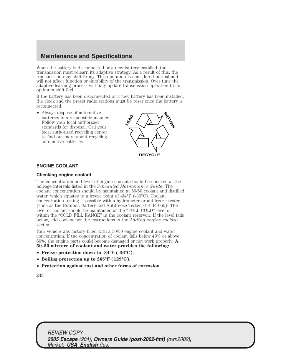 Maintenance and specifications | FORD 2005 Escape v.3 User Manual | Page 248 / 288