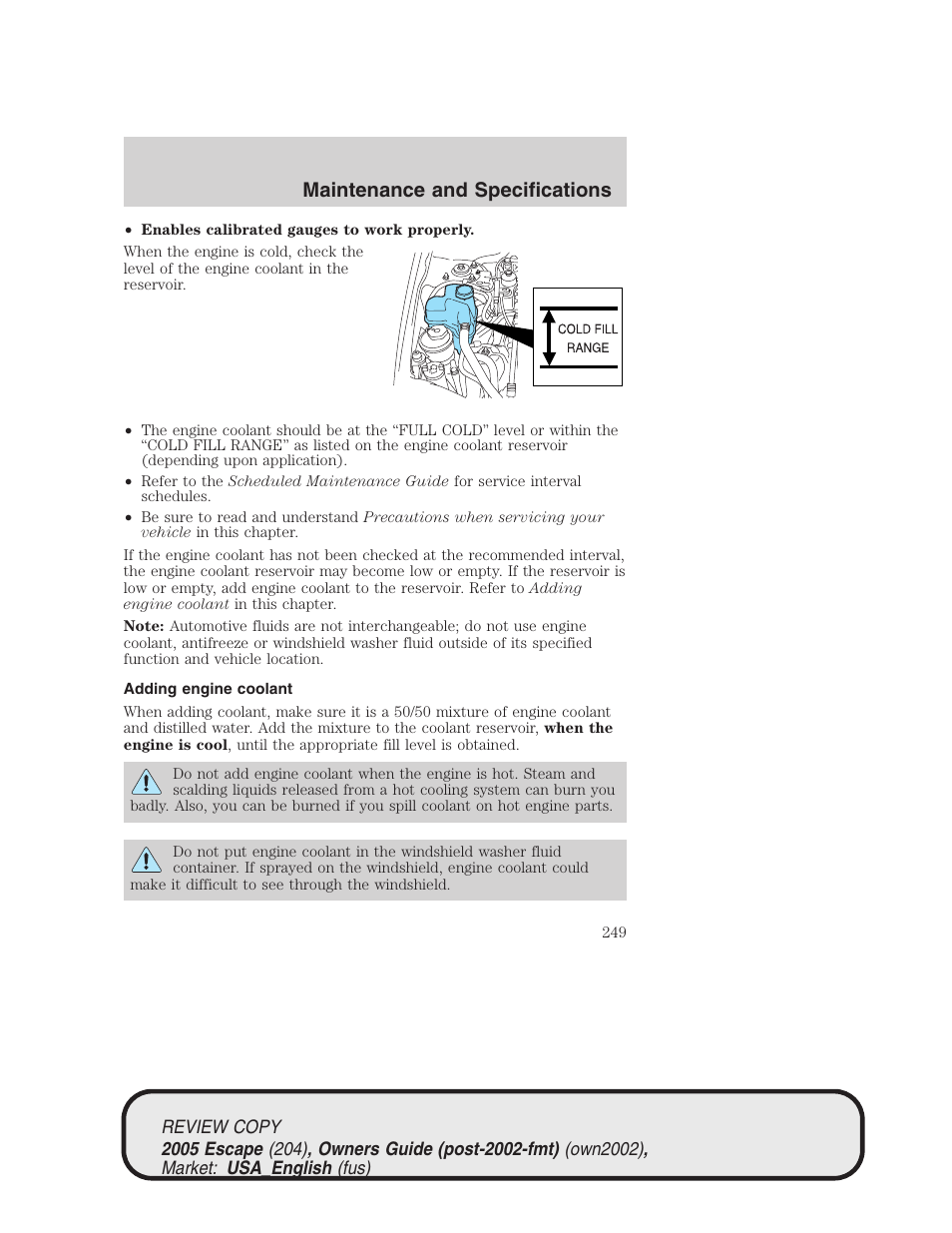 Maintenance and specifications | FORD 2005 Escape v.3 User Manual | Page 249 / 288