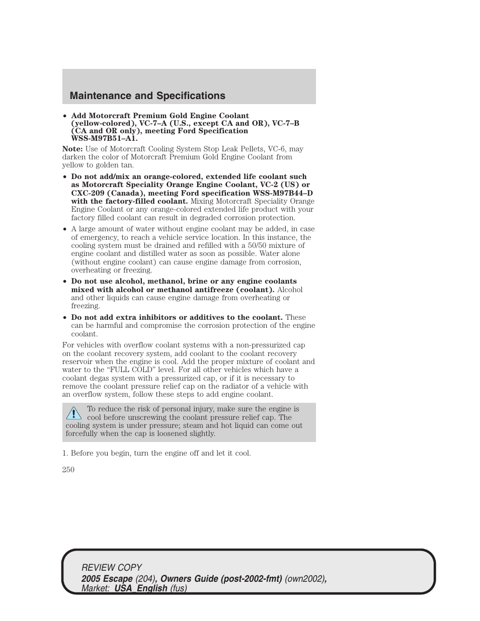 Maintenance and specifications | FORD 2005 Escape v.3 User Manual | Page 250 / 288