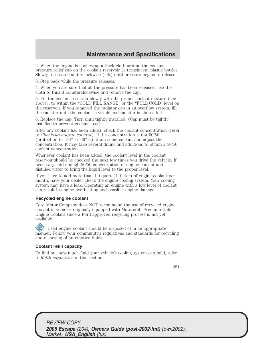 Maintenance and specifications | FORD 2005 Escape v.3 User Manual | Page 251 / 288