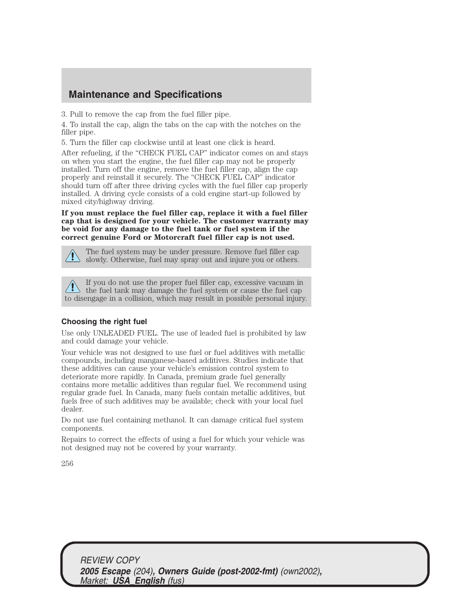 Maintenance and specifications | FORD 2005 Escape v.3 User Manual | Page 256 / 288