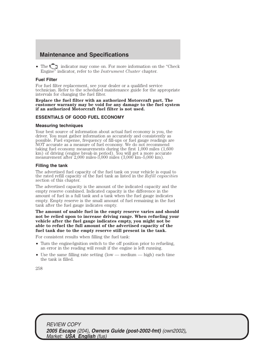 Maintenance and specifications | FORD 2005 Escape v.3 User Manual | Page 258 / 288