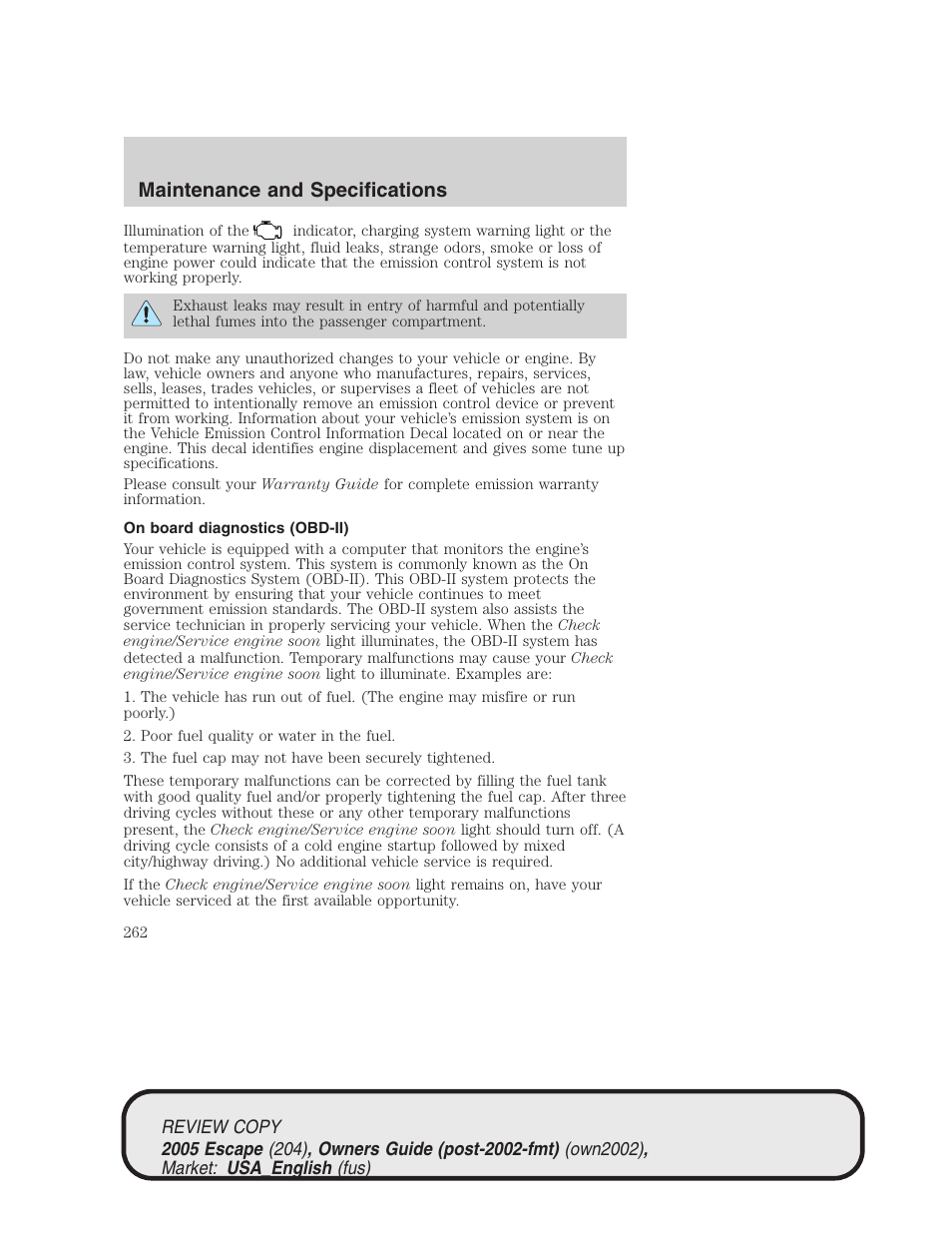 Maintenance and specifications | FORD 2005 Escape v.3 User Manual | Page 262 / 288