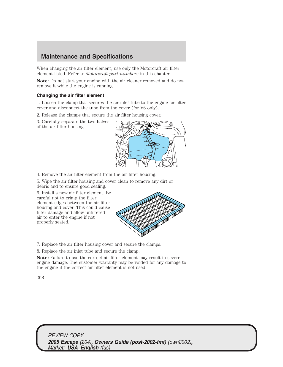 Maintenance and specifications | FORD 2005 Escape v.3 User Manual | Page 268 / 288