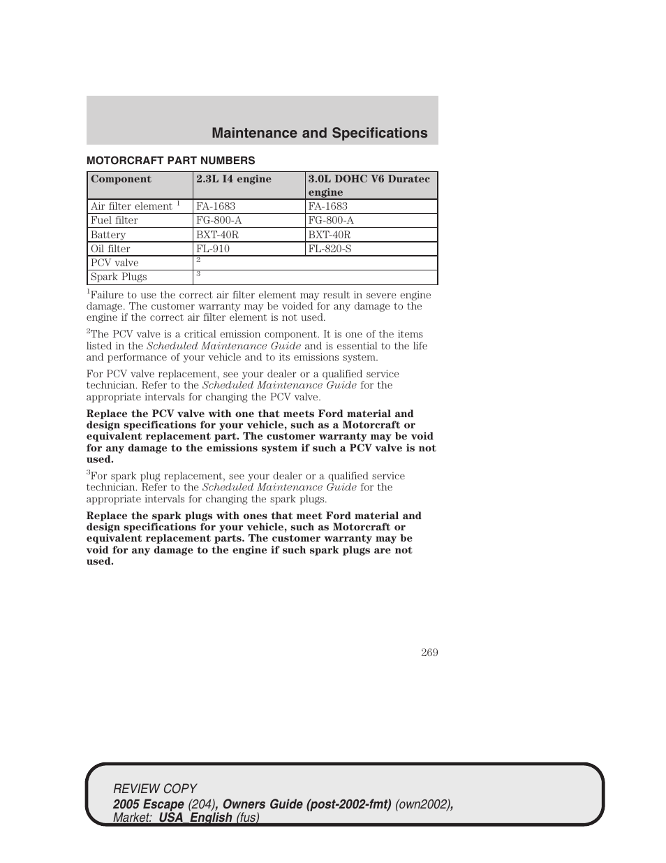 Maintenance and specifications | FORD 2005 Escape v.3 User Manual | Page 269 / 288