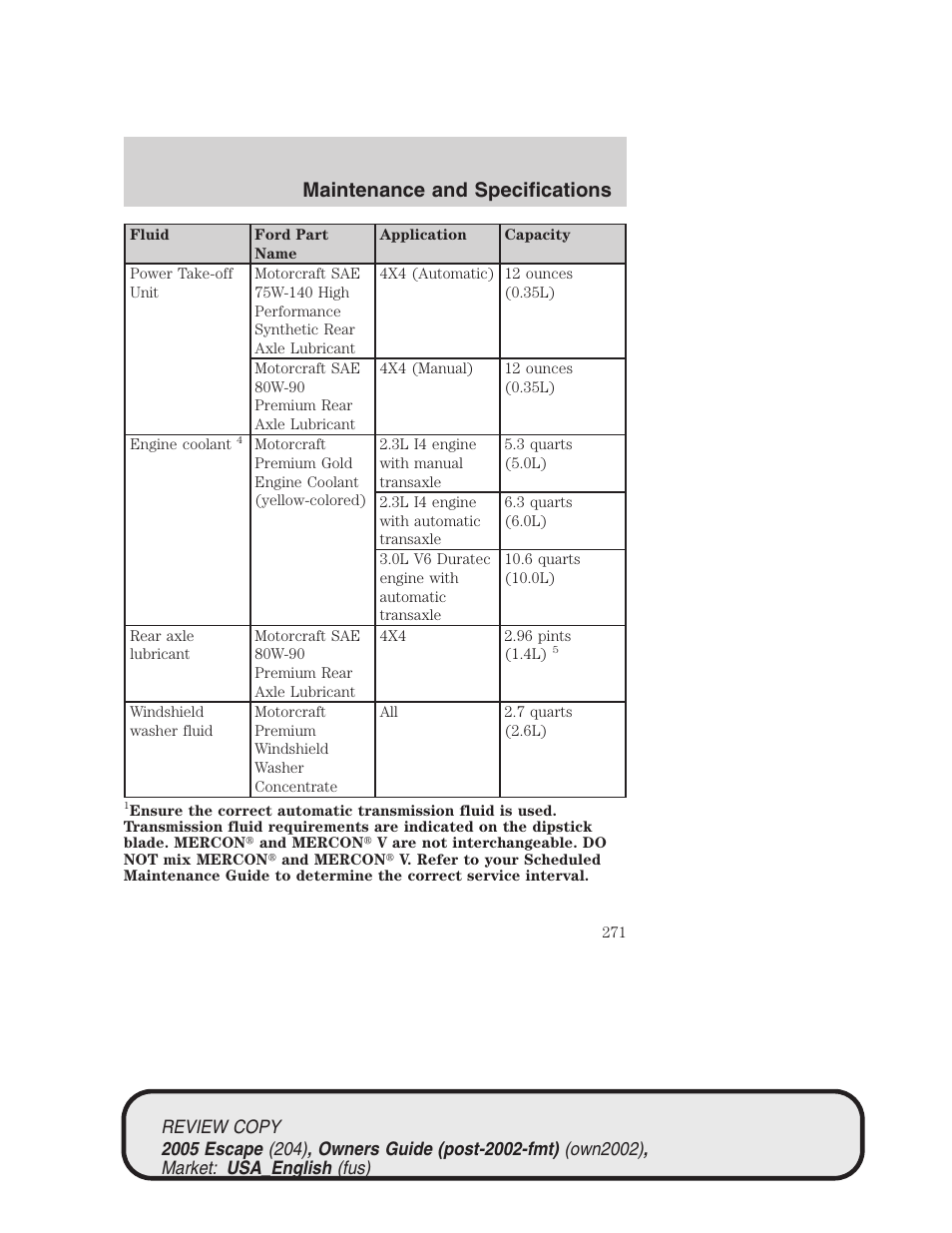 Maintenance and specifications | FORD 2005 Escape v.3 User Manual | Page 271 / 288