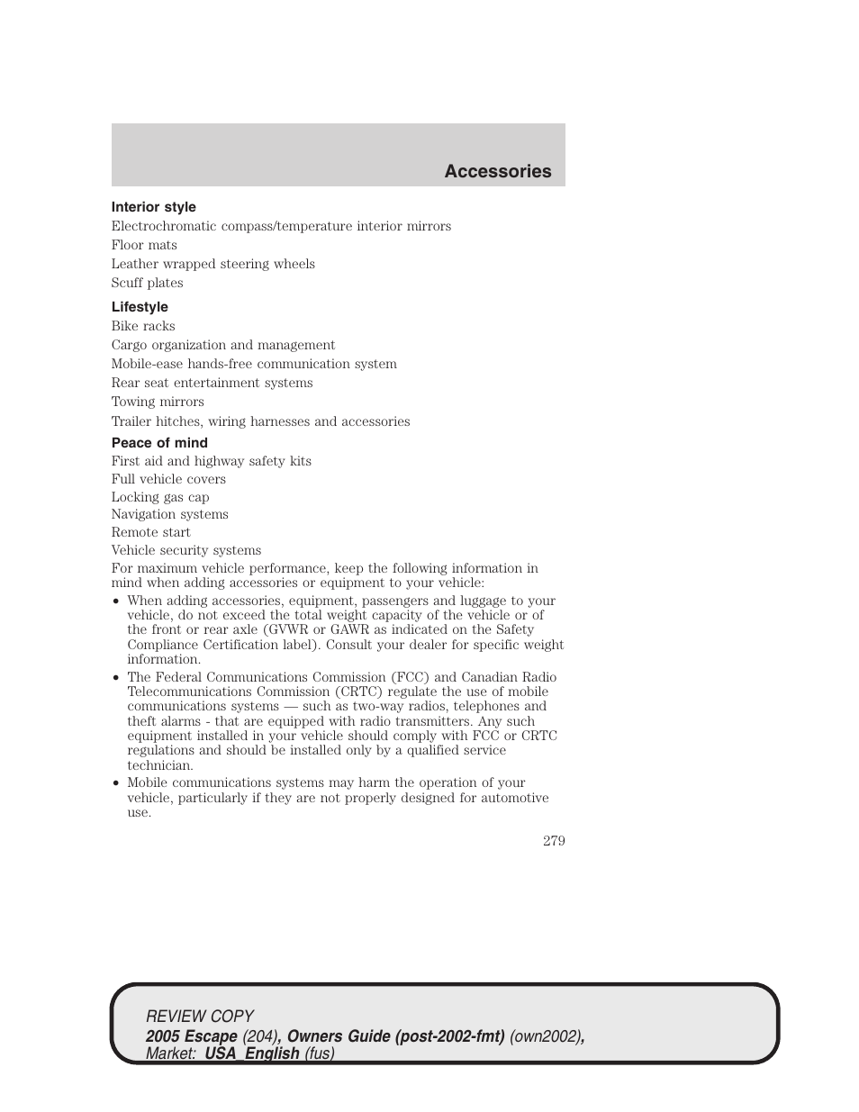 Accessories | FORD 2005 Escape v.3 User Manual | Page 279 / 288