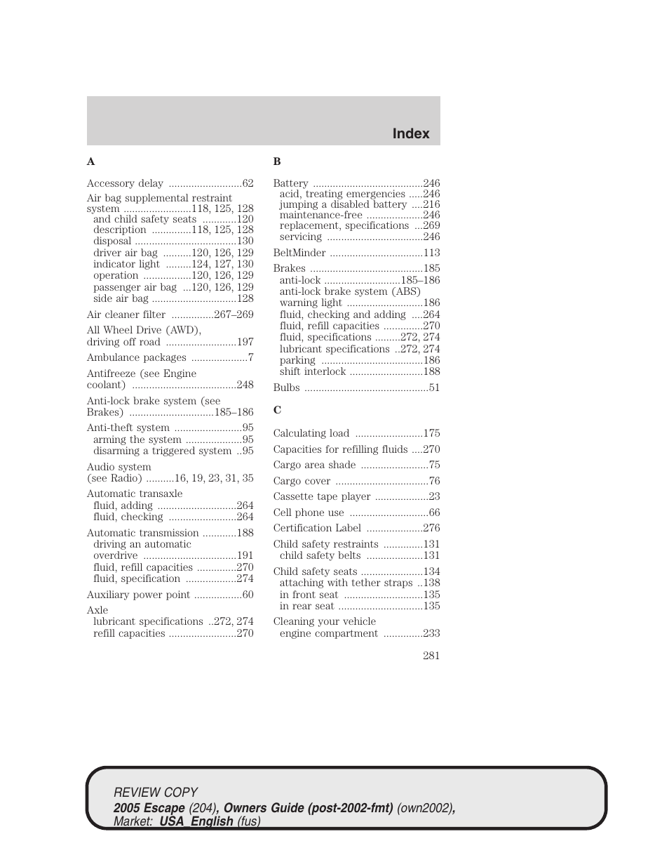 Index | FORD 2005 Escape v.3 User Manual | Page 281 / 288