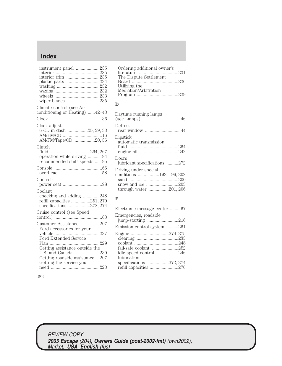 Index | FORD 2005 Escape v.3 User Manual | Page 282 / 288