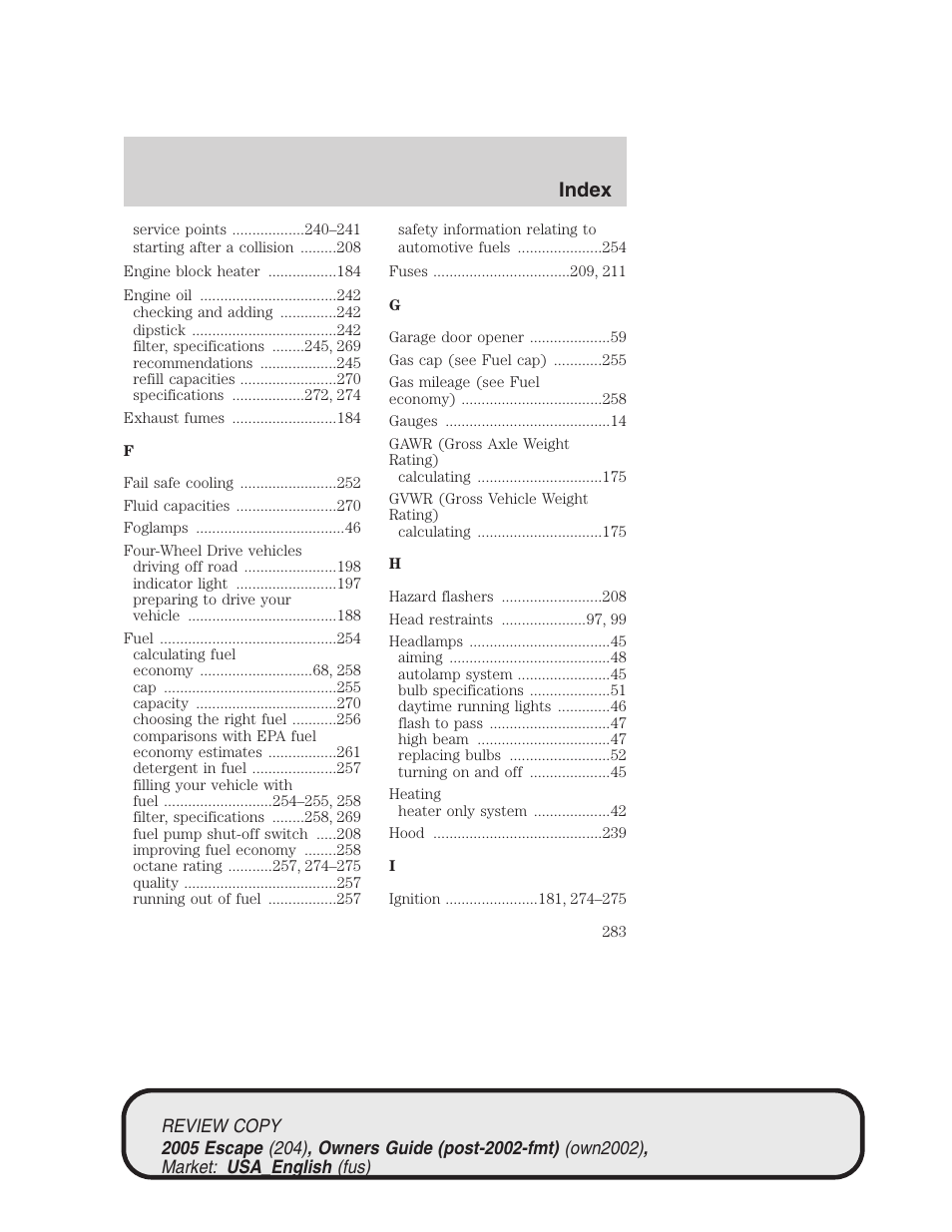Index | FORD 2005 Escape v.3 User Manual | Page 283 / 288