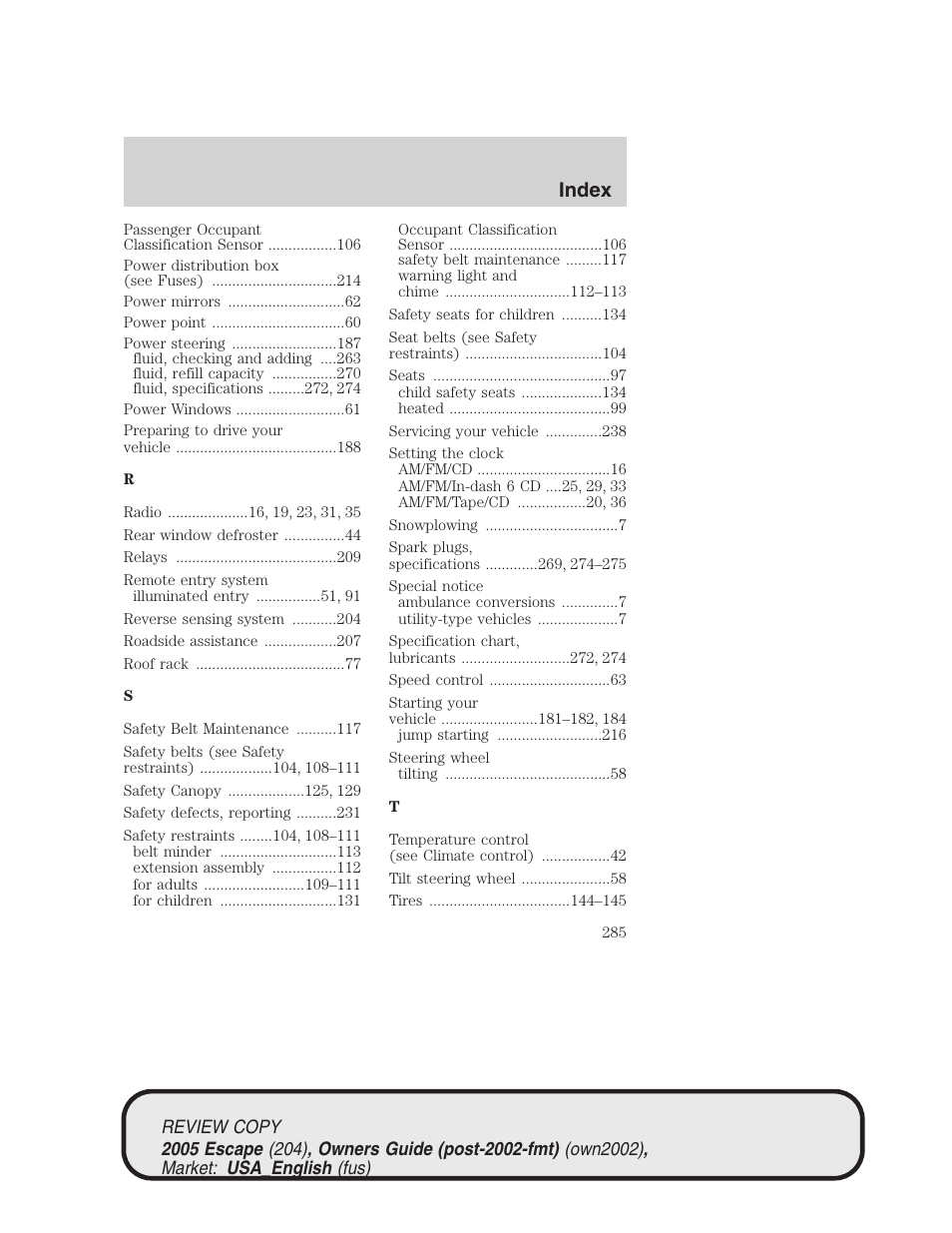 Index | FORD 2005 Escape v.3 User Manual | Page 285 / 288