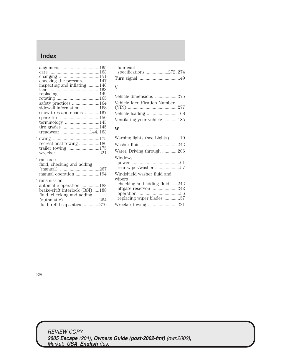Index | FORD 2005 Escape v.3 User Manual | Page 286 / 288