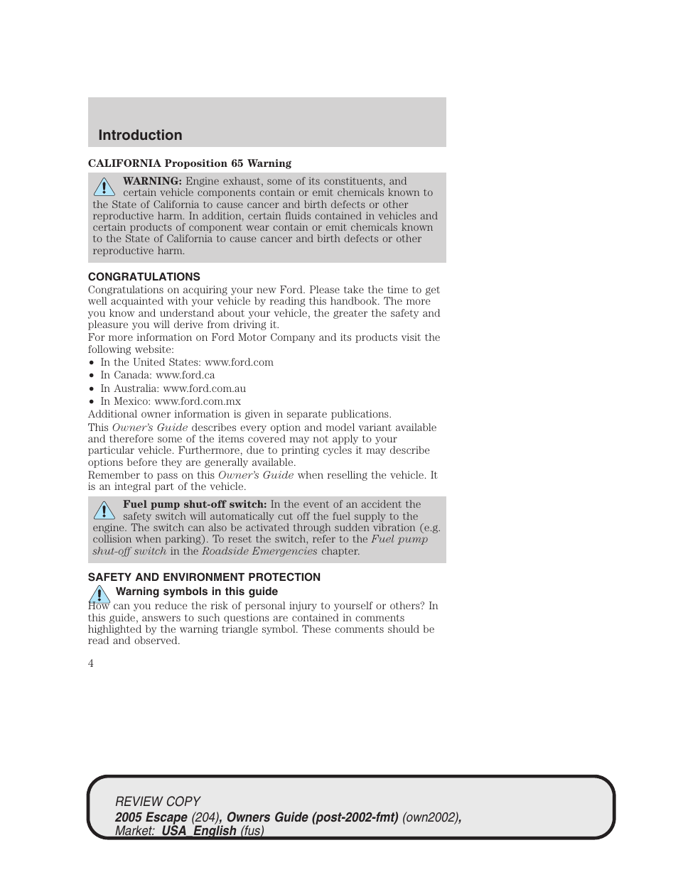 Introduction | FORD 2005 Escape v.3 User Manual | Page 4 / 288
