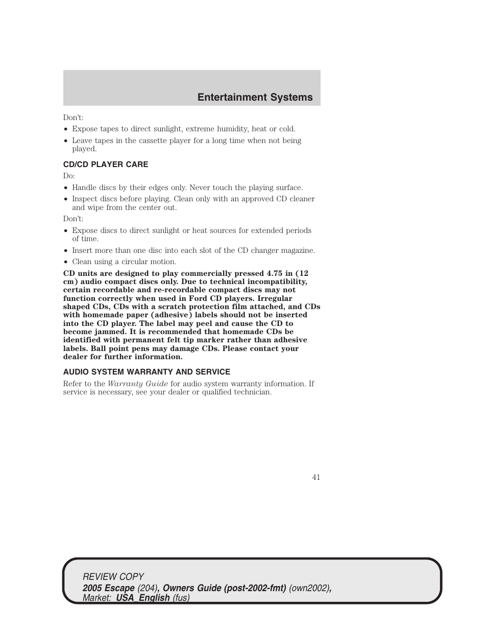 Entertainment systems | FORD 2005 Escape v.3 User Manual | Page 41 / 288