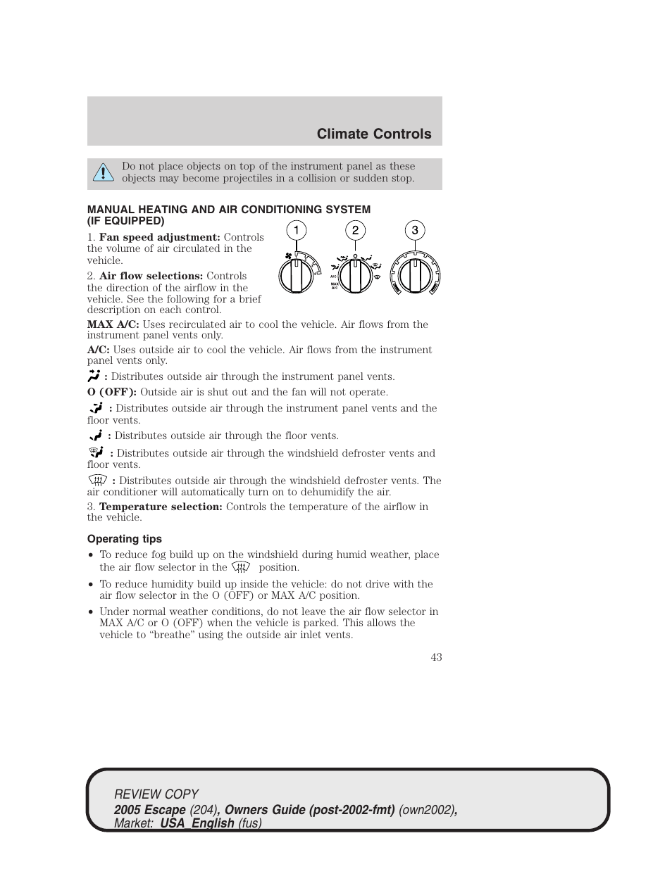 Climate controls | FORD 2005 Escape v.3 User Manual | Page 43 / 288