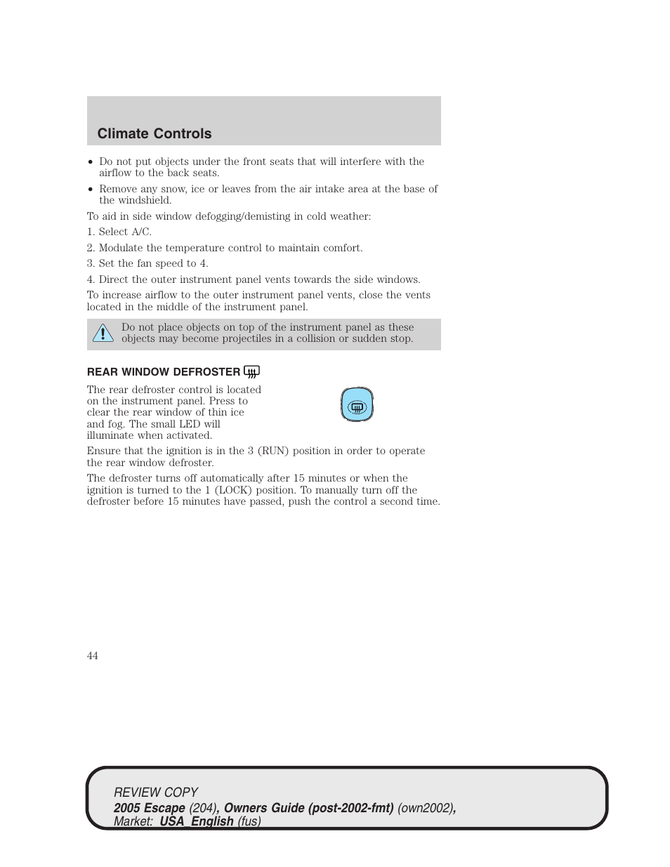 Climate controls | FORD 2005 Escape v.3 User Manual | Page 44 / 288