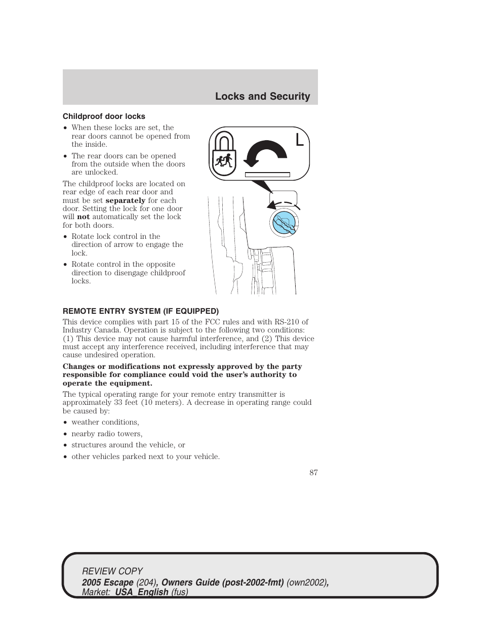 Locks and security | FORD 2005 Escape v.3 User Manual | Page 87 / 288