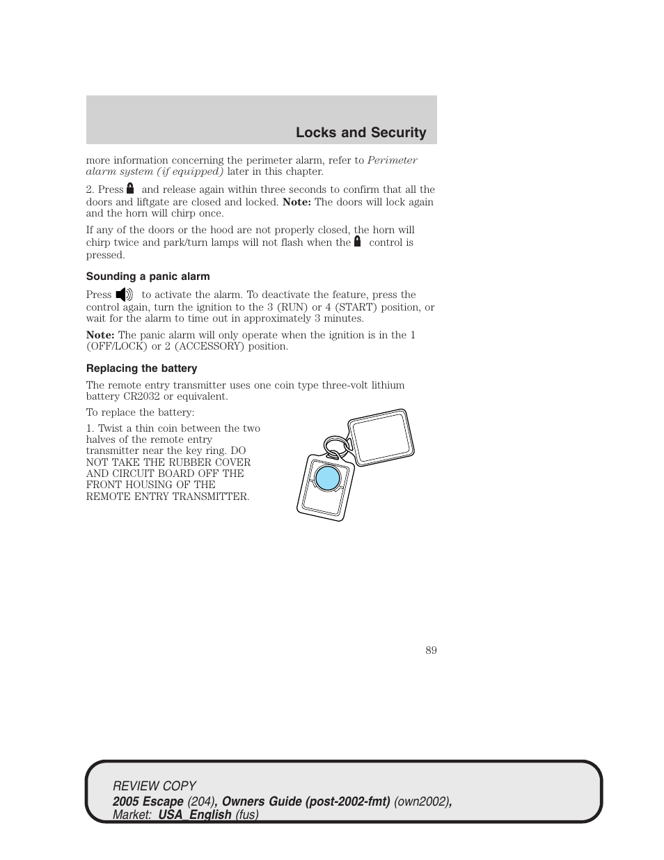 Locks and security | FORD 2005 Escape v.3 User Manual | Page 89 / 288