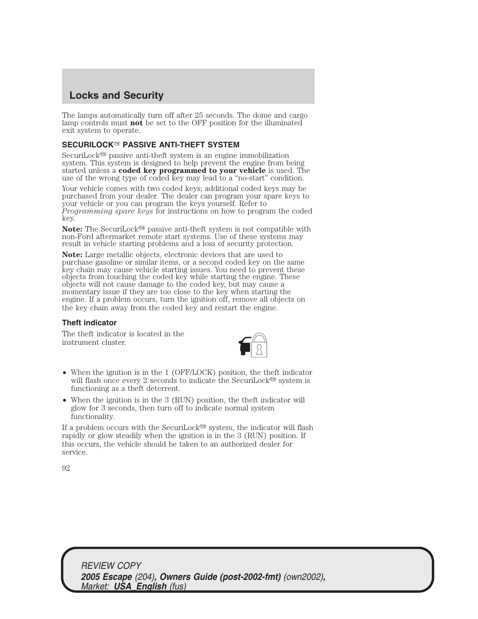 Locks and security | FORD 2005 Escape v.3 User Manual | Page 92 / 288