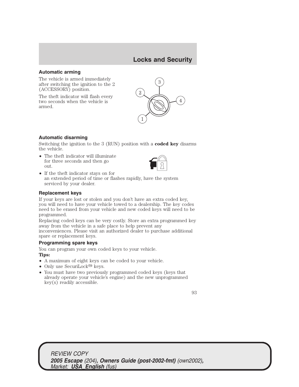 Locks and security | FORD 2005 Escape v.3 User Manual | Page 93 / 288