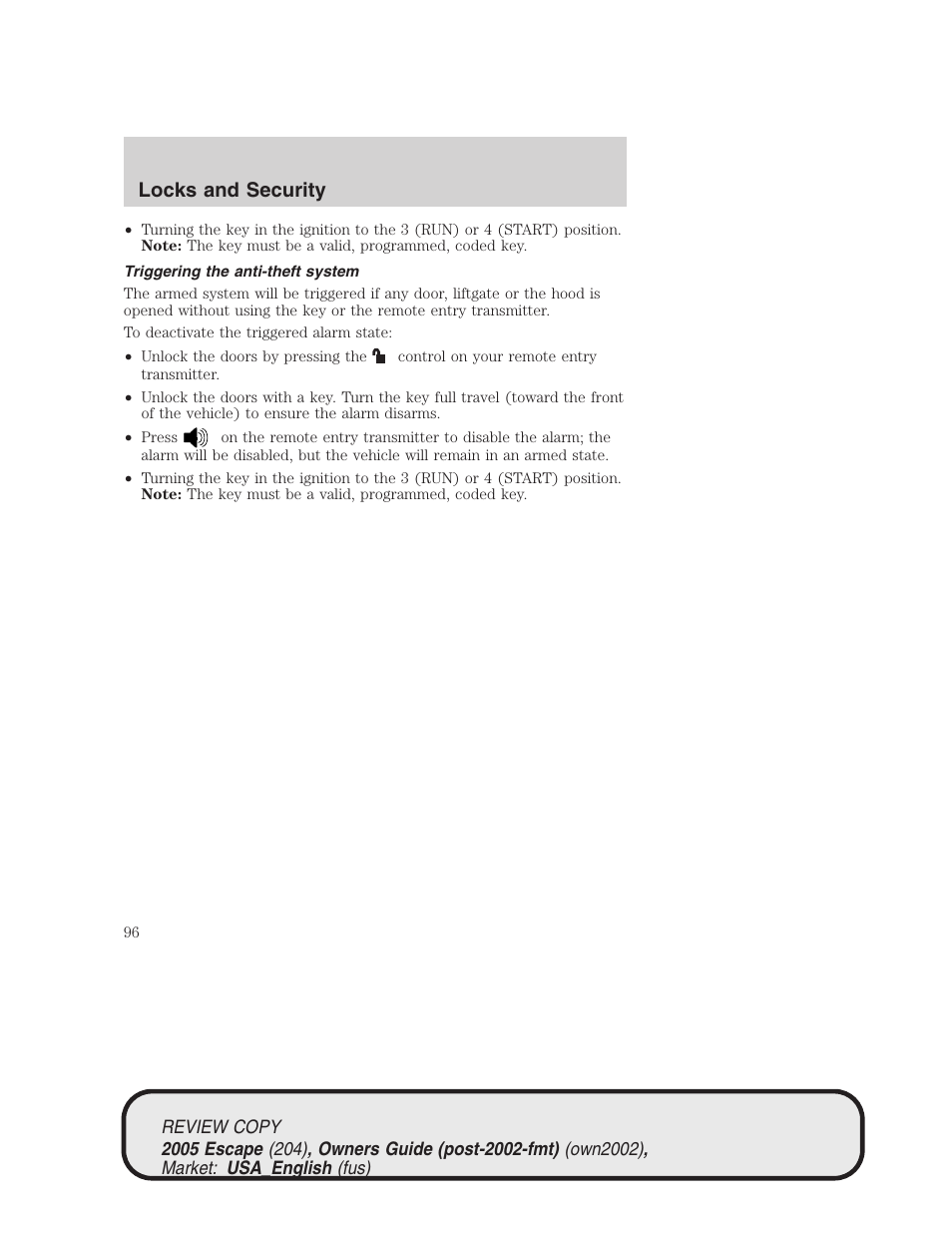 Locks and security | FORD 2005 Escape v.3 User Manual | Page 96 / 288