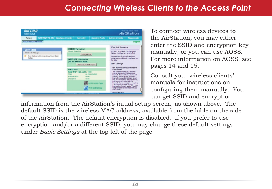 Connecting wireless clients to the access point | Buffalo Technology AIRSTATION WHR-G125 User Manual | Page 10 / 47