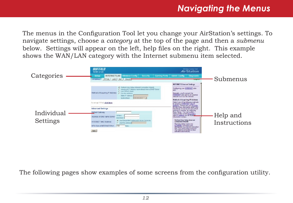 Navigating the menus | Buffalo Technology AIRSTATION WHR-G125 User Manual | Page 12 / 47