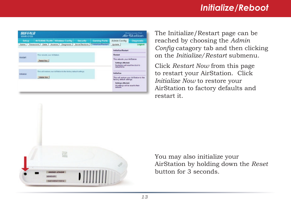 Initialize/reboot | Buffalo Technology AIRSTATION WHR-G125 User Manual | Page 13 / 47