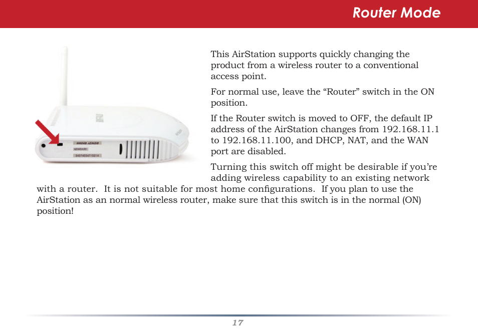 Router mode | Buffalo Technology AIRSTATION WHR-G125 User Manual | Page 17 / 47