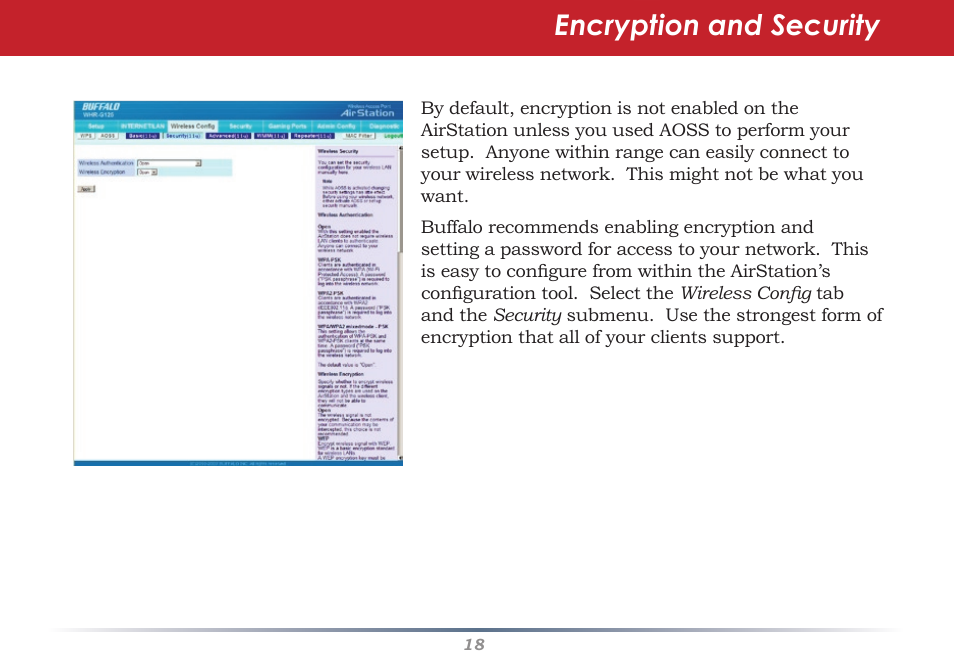 Encryption and security | Buffalo Technology AIRSTATION WHR-G125 User Manual | Page 18 / 47