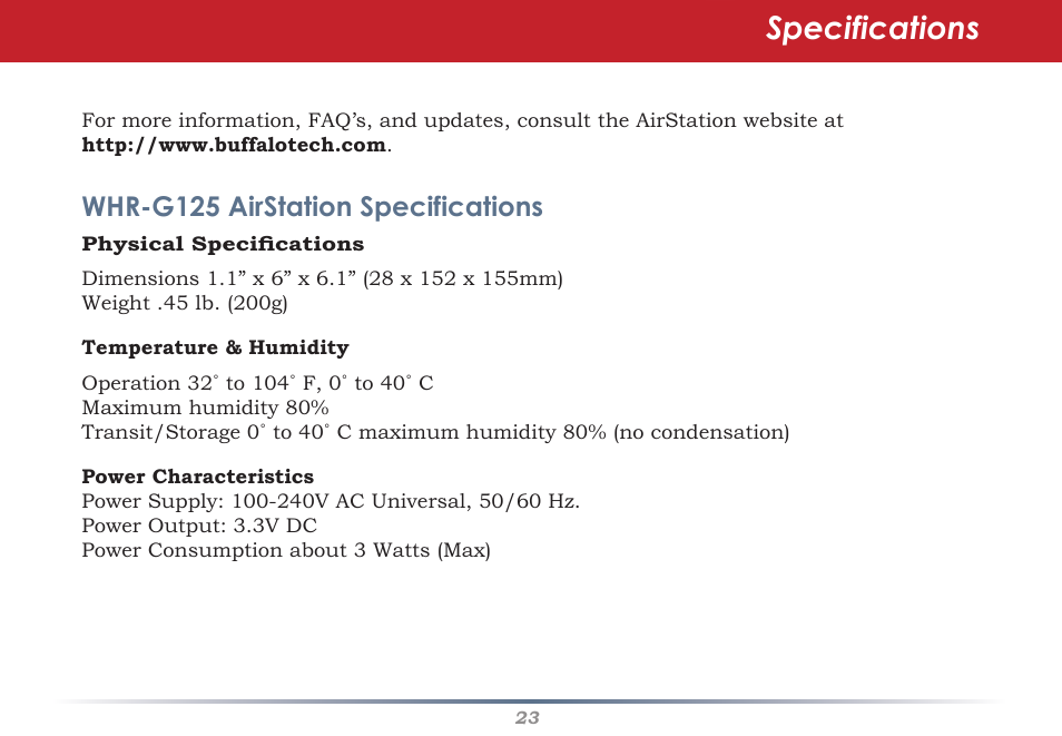 Specifications, Whr-g125 airstation specifications | Buffalo Technology AIRSTATION WHR-G125 User Manual | Page 23 / 47