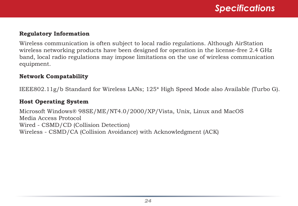 Specifications | Buffalo Technology AIRSTATION WHR-G125 User Manual | Page 24 / 47