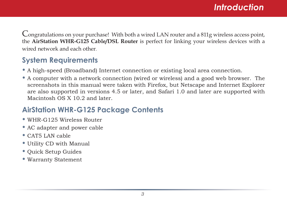 Introduction c, System requirements, Airstation whr-g125 package contents | Buffalo Technology AIRSTATION WHR-G125 User Manual | Page 3 / 47