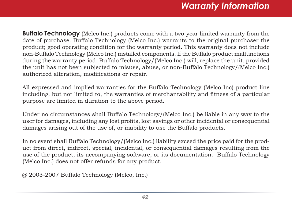 Warranty information | Buffalo Technology AIRSTATION WHR-G125 User Manual | Page 42 / 47