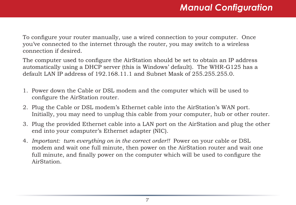 Manual configuration | Buffalo Technology AIRSTATION WHR-G125 User Manual | Page 7 / 47