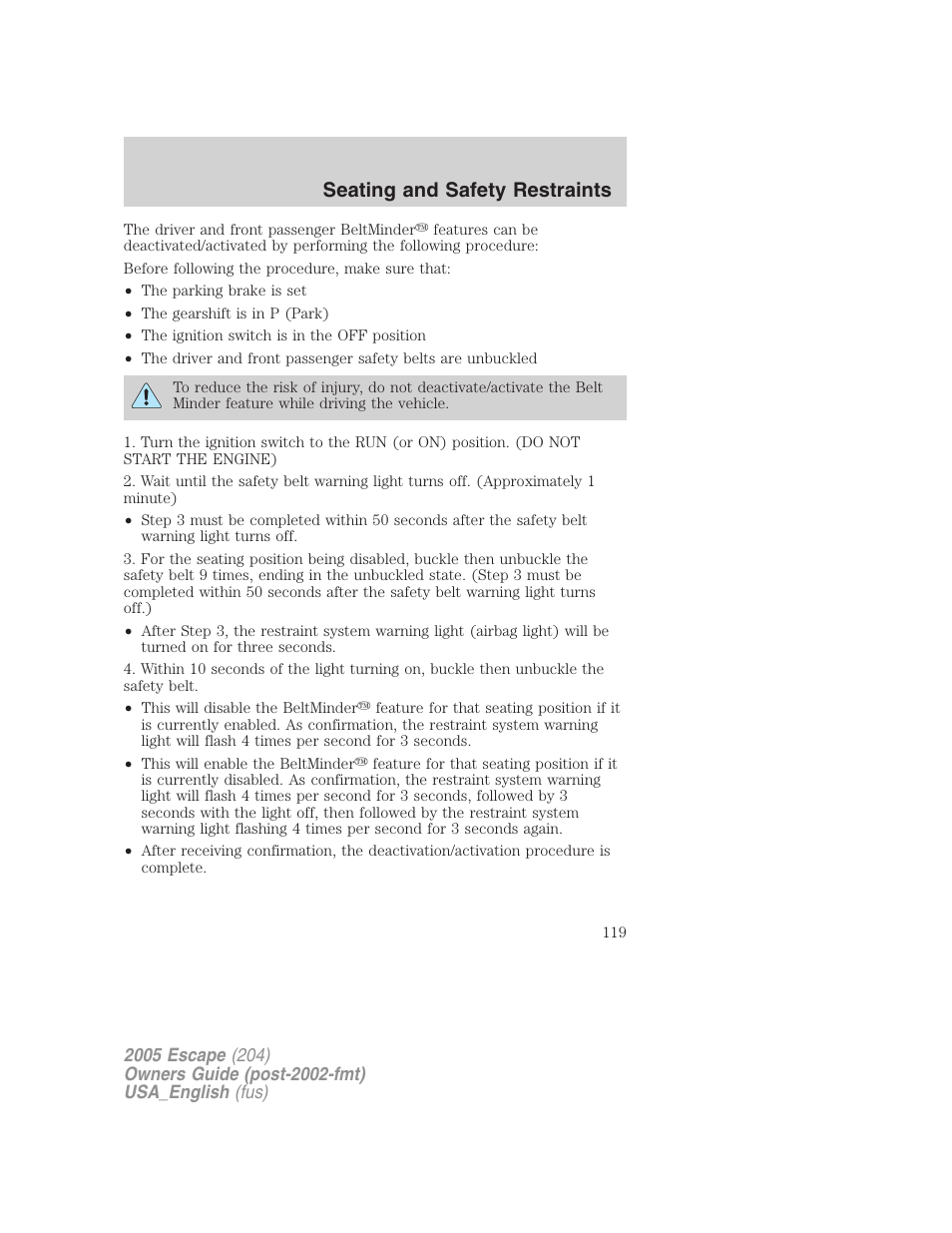 Seating and safety restraints | FORD 2005 Escape v.4 User Manual | Page 119 / 296