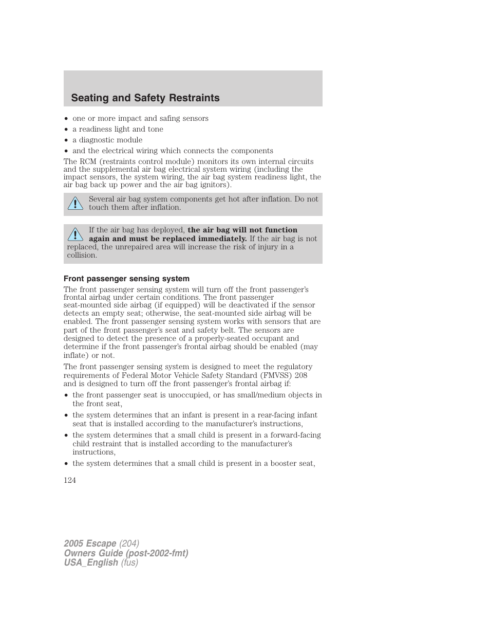 Front passenger sensing system, Seating and safety restraints | FORD 2005 Escape v.4 User Manual | Page 124 / 296