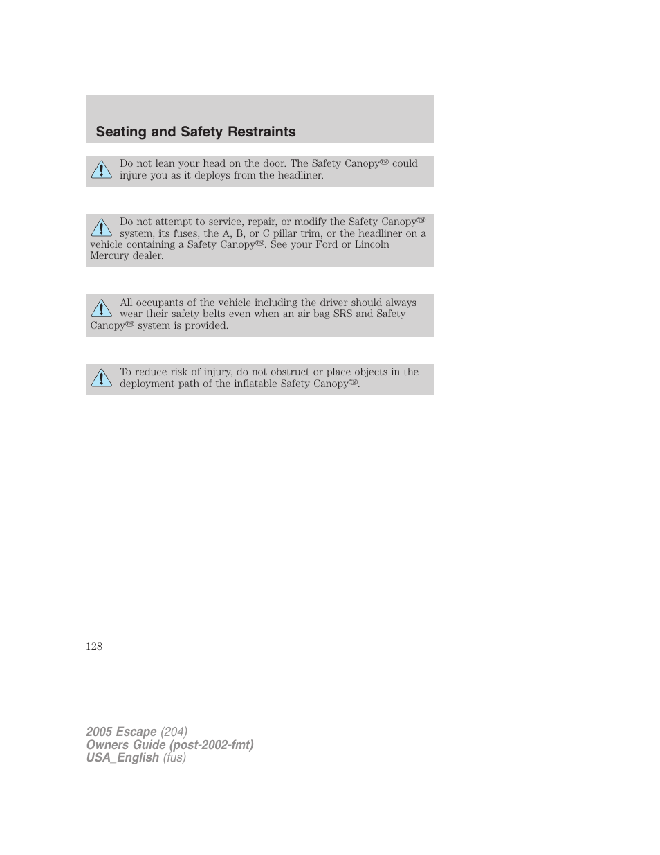 Seating and safety restraints | FORD 2005 Escape v.4 User Manual | Page 128 / 296