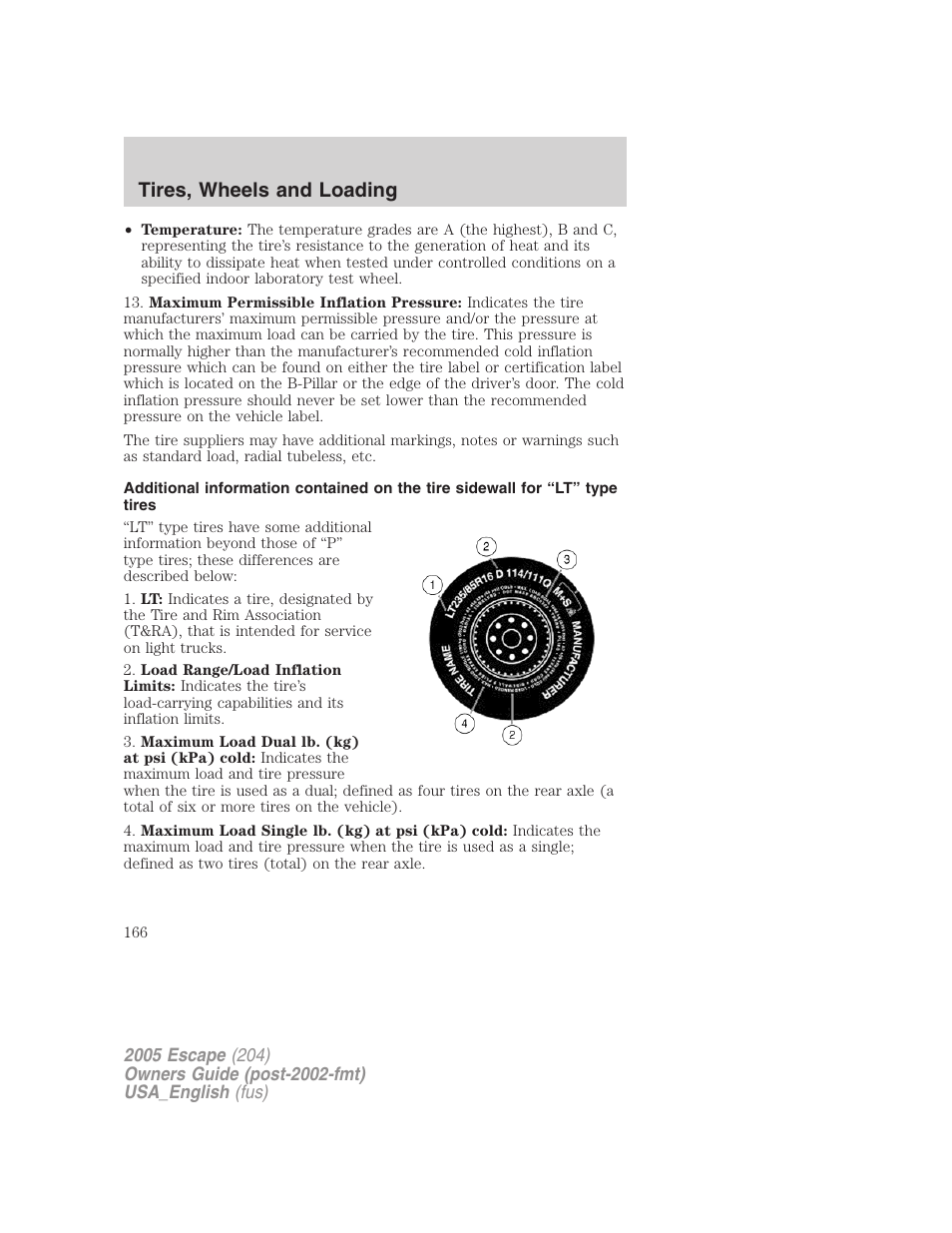 Tires, wheels and loading | FORD 2005 Escape v.4 User Manual | Page 166 / 296