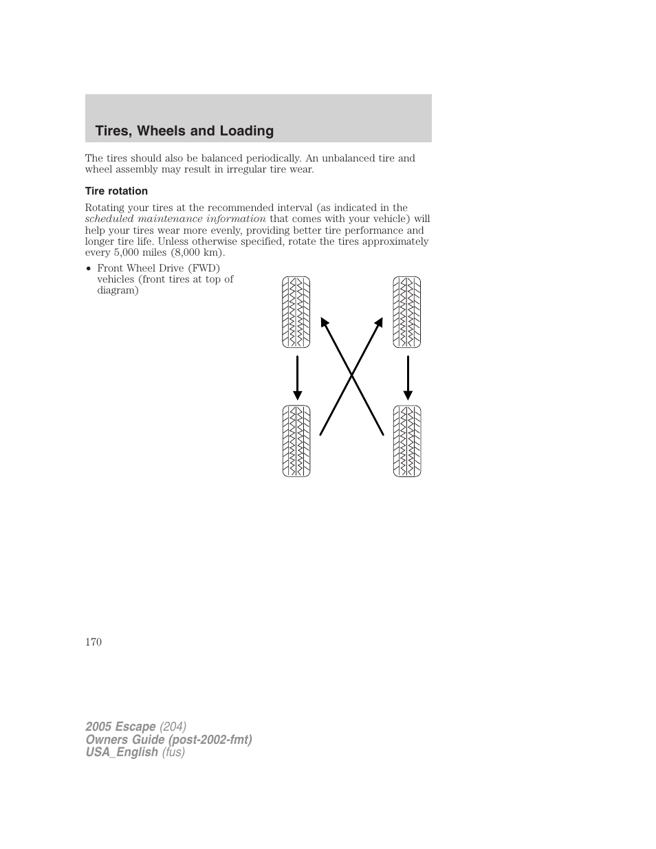 Tire rotation, Tires, wheels and loading | FORD 2005 Escape v.4 User Manual | Page 170 / 296