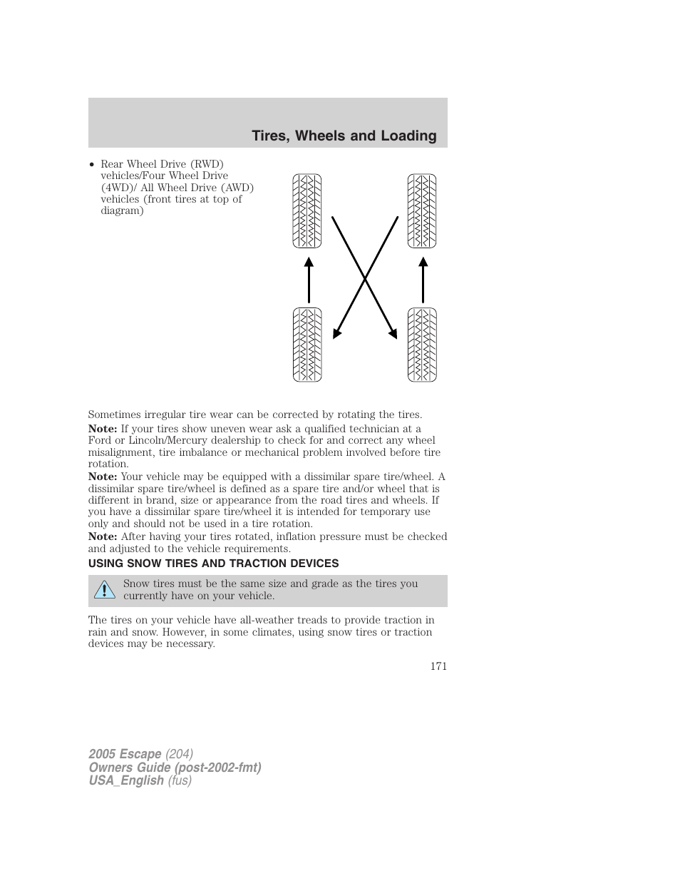 Using snow tires and traction devices, Tires, wheels and loading | FORD 2005 Escape v.4 User Manual | Page 171 / 296