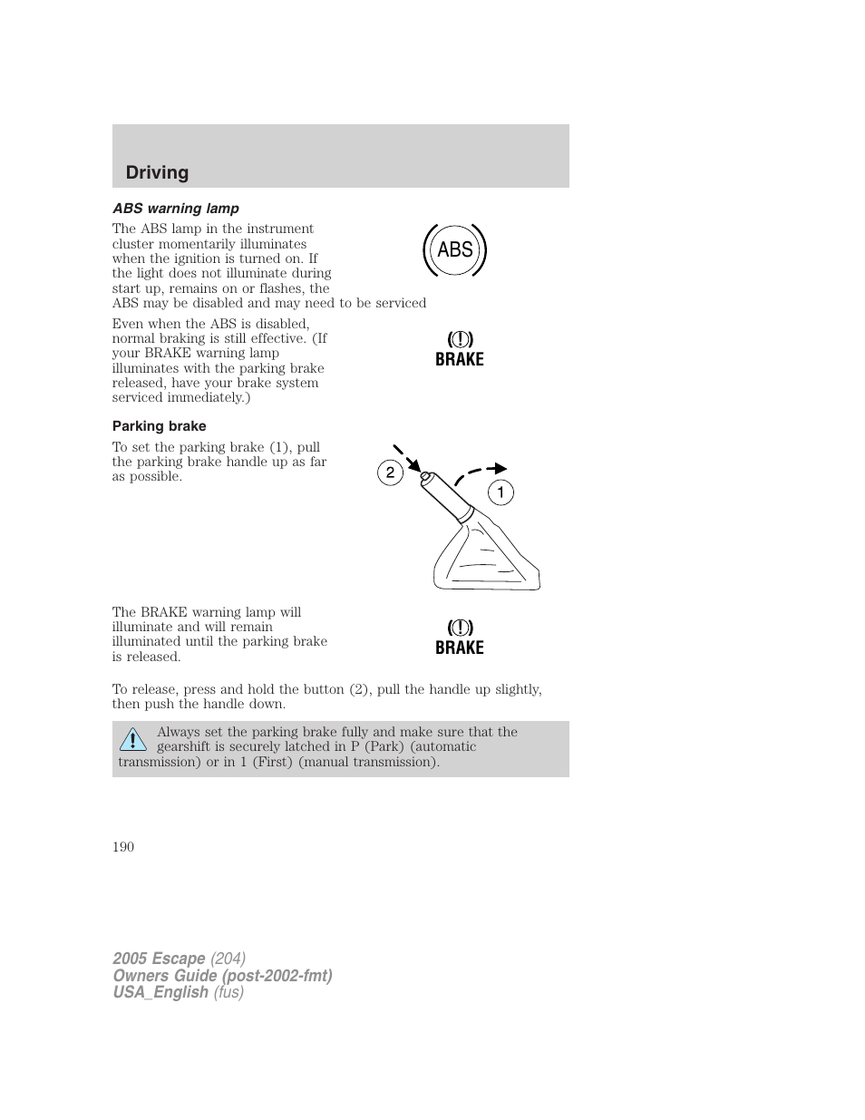 Abs warning lamp, Parking brake | FORD 2005 Escape v.4 User Manual | Page 190 / 296