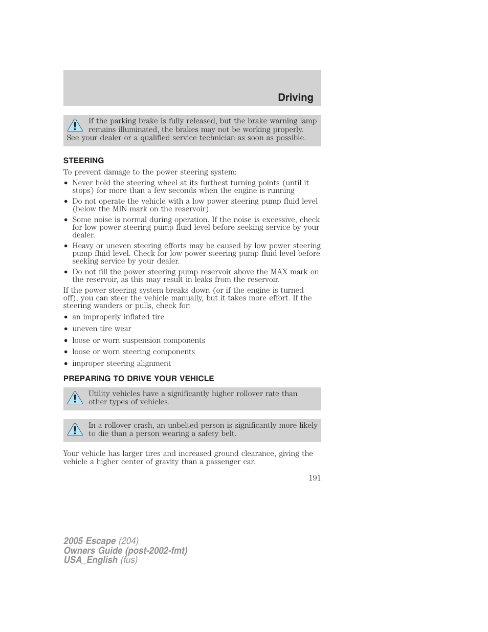 Steering, Preparing to drive your vehicle, Driving | FORD 2005 Escape v.4 User Manual | Page 191 / 296