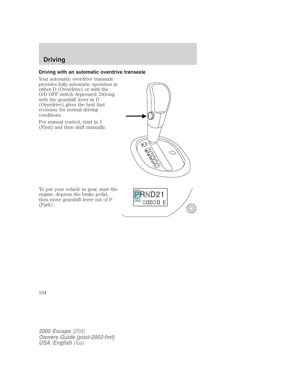 Driving with an automatic overdrive transaxle, R d 2 1, Driving | FORD 2005 Escape v.4 User Manual | Page 194 / 296